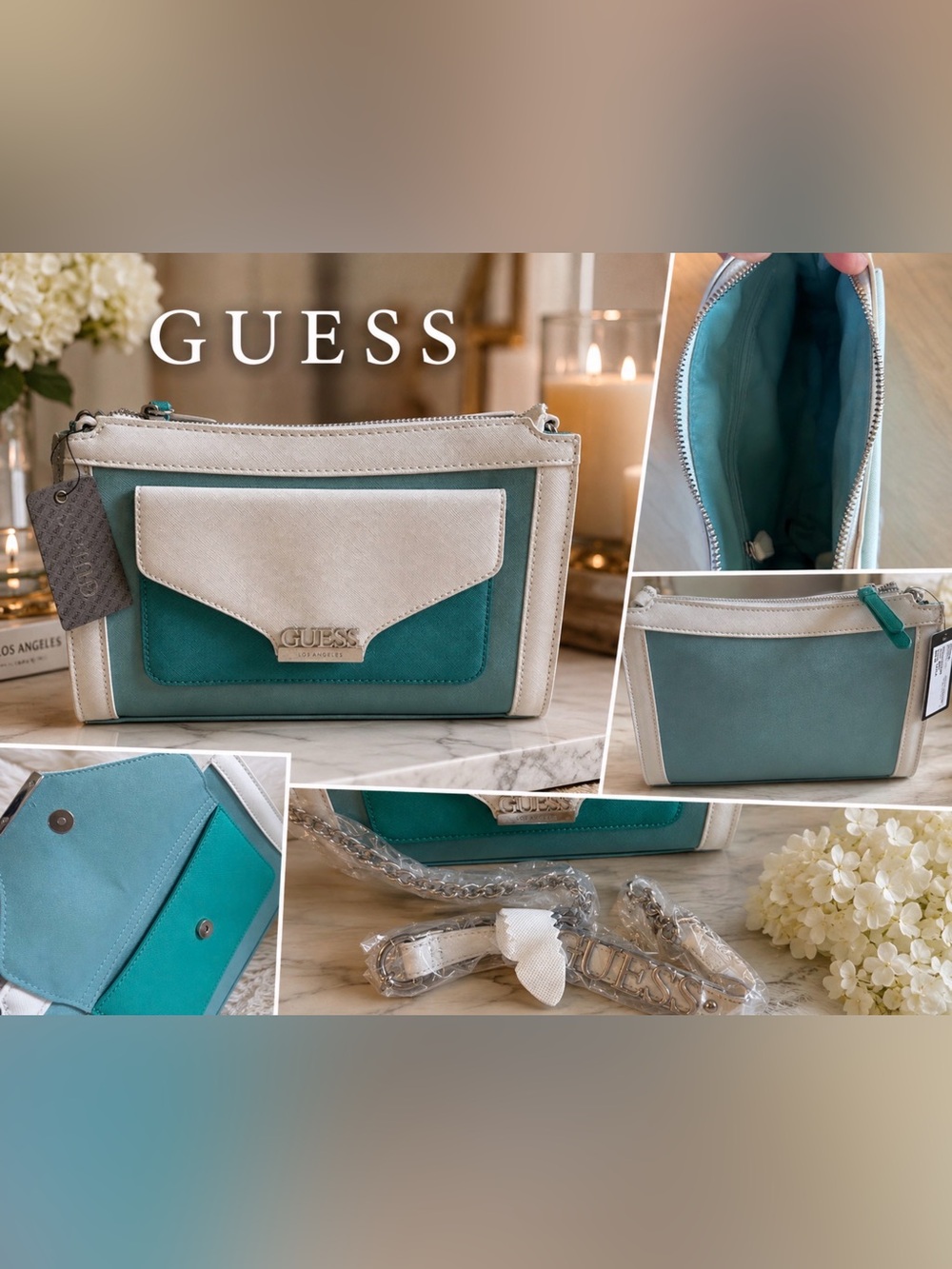 NWT GUESS Teal and White Leather-Trim Crossbody Bag